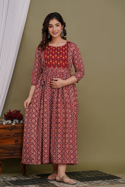 Versatile Comfort: Ashvy Women's Maternity Cum Feeding Gown Kurtis (Red)(TUL001)