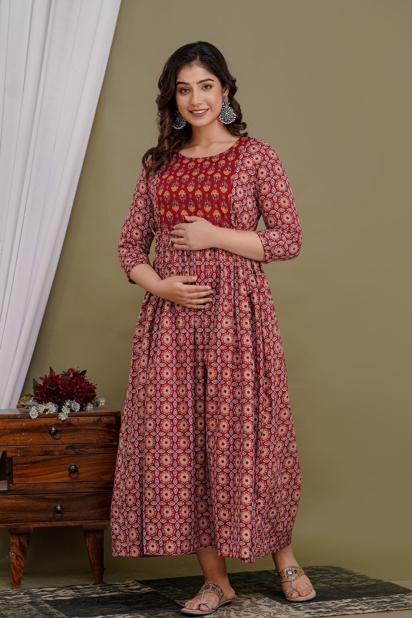 Versatile Comfort: Ashvy Women's Maternity Cum Feeding Gown Kurtis (Red)(TUL001)