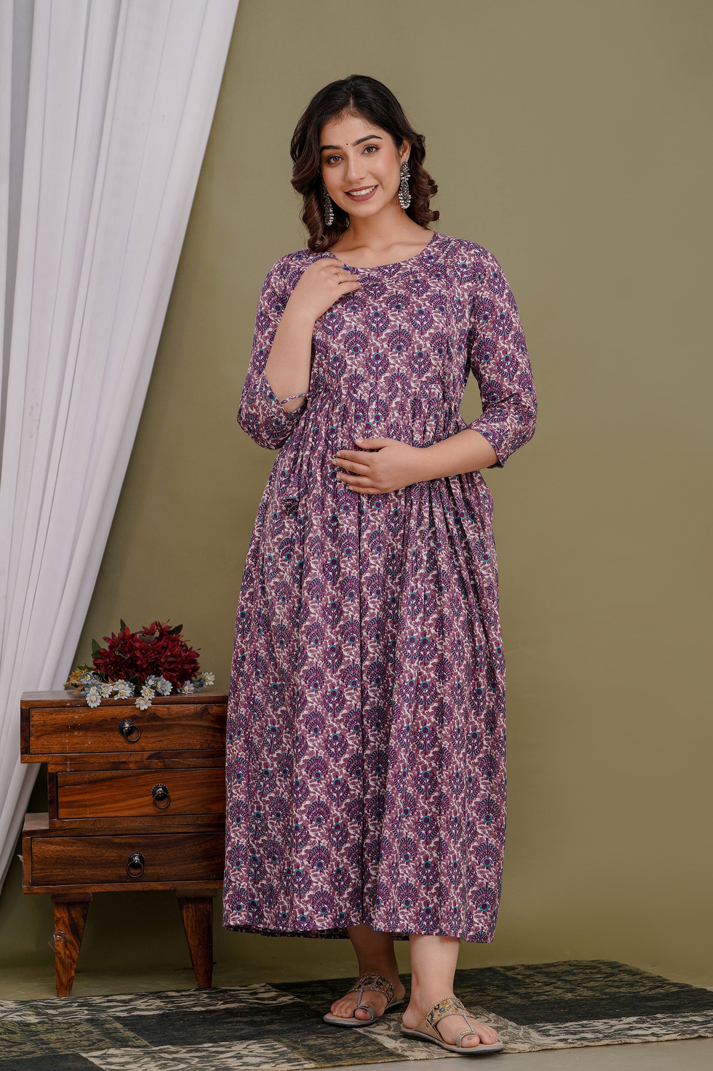 Versatile Comfort: Ashvy Women's Maternity Cum Feeding Gown Kurtis (Purple)(TUL001)