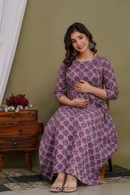 Versatile Comfort: Ashvy Women's Maternity Cum Feeding Gown Kurtis (Purple)(TUL001)