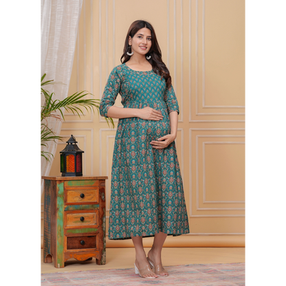 Ashvy Premium Quality Cotton Maternity Cum Feeding kurti (Green)