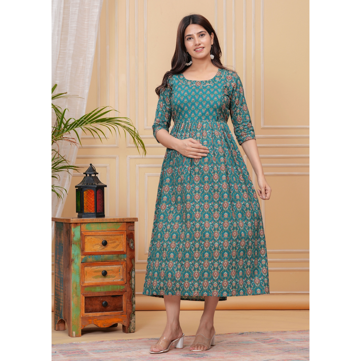 Ashvy Premium Quality Cotton Maternity Cum Feeding kurti (Green)