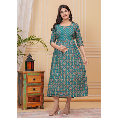 Ashvy Premium Quality Cotton Maternity Cum Feeding kurti (Green)