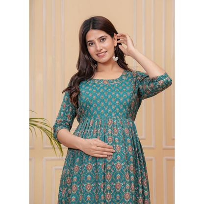 Ashvy Premium Quality Cotton Maternity Cum Feeding kurti (Green)