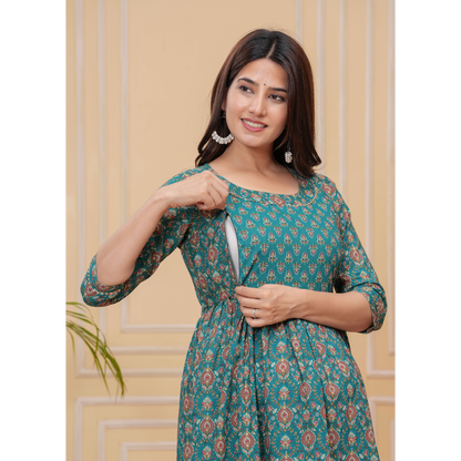 Ashvy Premium Quality Cotton Maternity Cum Feeding kurti (Green)