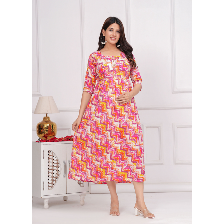 Ashvy Premium Quality Cotton Maternity Cum Feeding kurti (Pink)