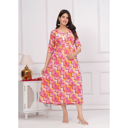 Ashvy Premium Quality Cotton Maternity Cum Feeding kurti (Pink)