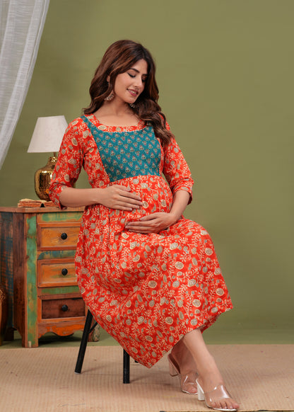 Effortless Feeding: Ashvy Women's Feeding Maternity Kurtis (Orange)(LUX001)