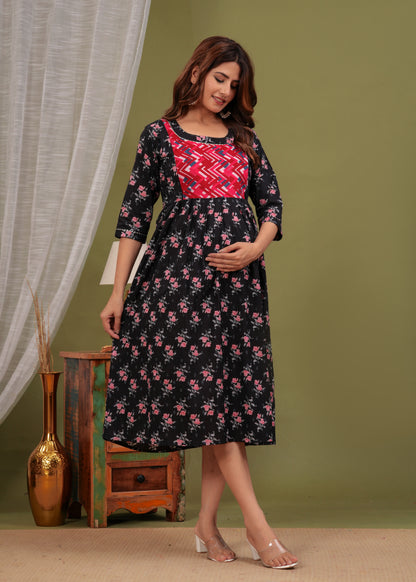 Ashvy Premium Quality CottonMaternity Cum Feeding kurti (Black Pink)