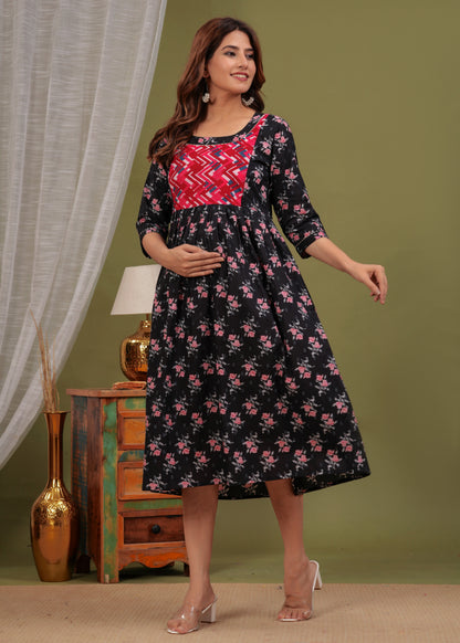 Ashvy Premium Quality CottonMaternity Cum Feeding kurti (Black Pink)