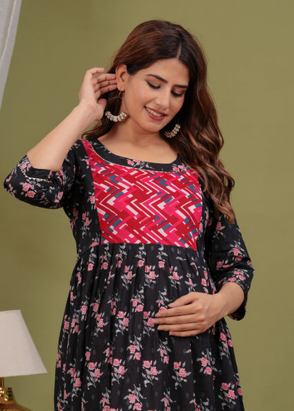 Ashvy Premium Quality CottonMaternity Cum Feeding kurti (Black Pink)