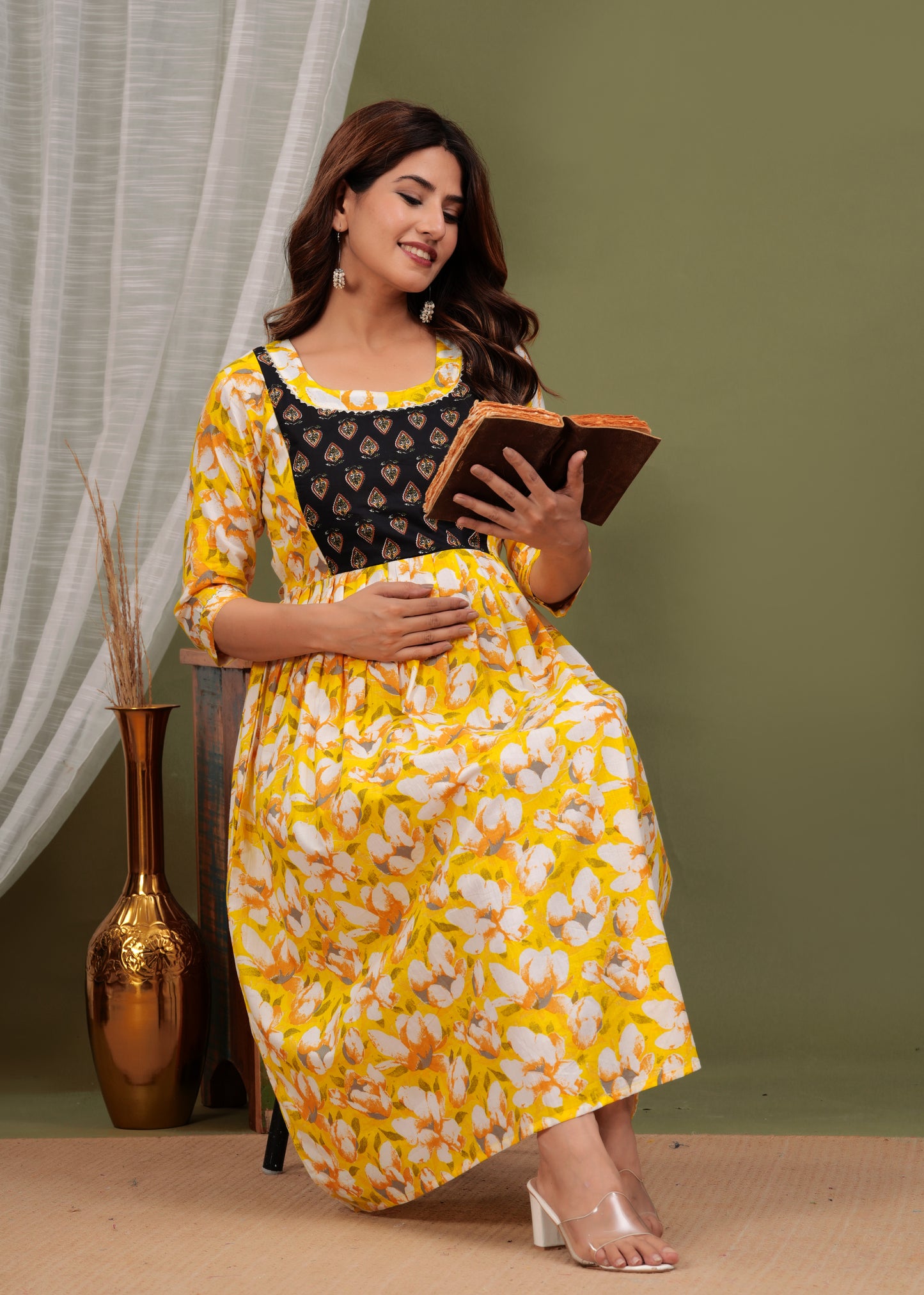 Sunny Blooms: Ashvy Sky Blue Yellow Cotton Flower Print Maternity Dress (Yellow)(LUX001)