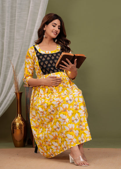 Sunny Blooms: Ashvy Sky Blue Yellow Cotton Flower Print Maternity Dress (Yellow)(LUX001)