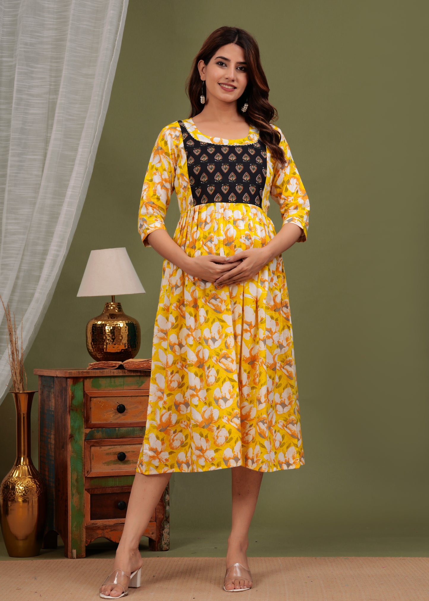 Sunny Blooms: Ashvy Sky Blue Yellow Cotton Flower Print Maternity Dress (Yellow)(LUX001)