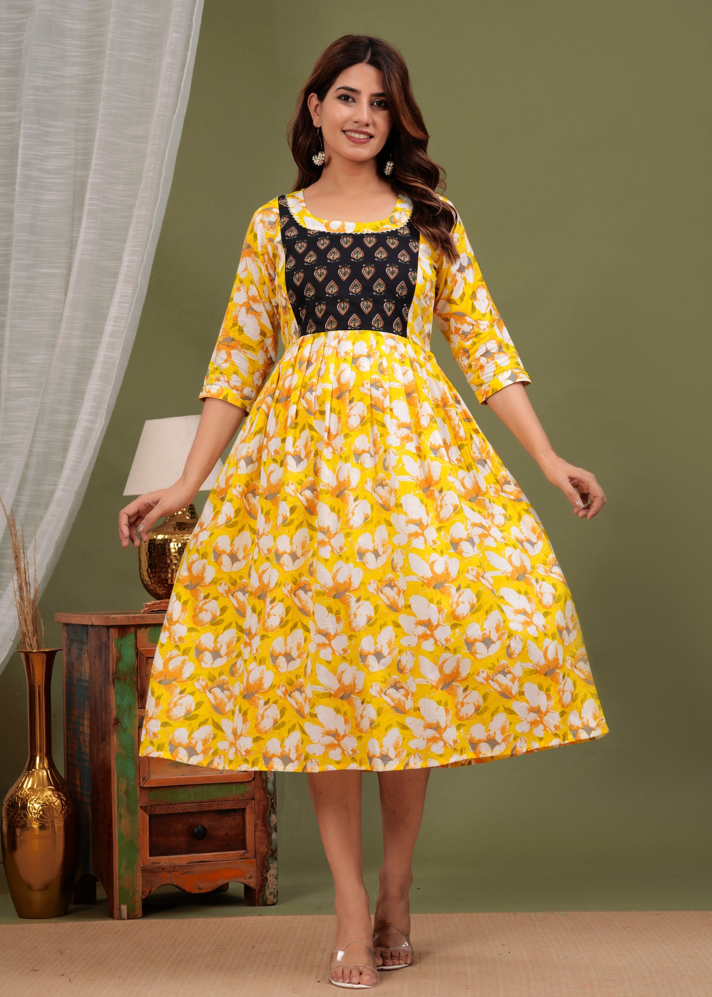 Sunny Blooms: Ashvy Sky Blue Yellow Cotton Flower Print Maternity Dress (Yellow)(LUX001)