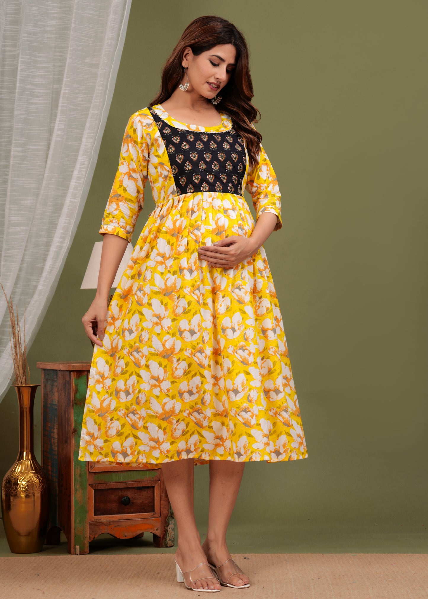 Sunny Blooms: Ashvy Sky Blue Yellow Cotton Flower Print Maternity Dress (Yellow)(LUX001)