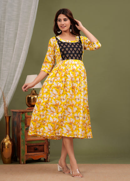 Sunny Blooms: Ashvy Sky Blue Yellow Cotton Flower Print Maternity Dress (Yellow)(LUX001)