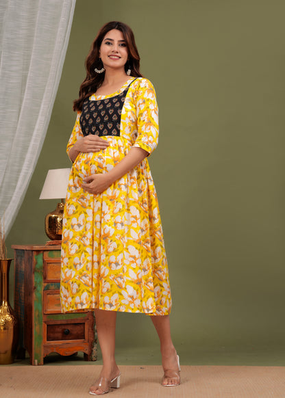 Sunny Blooms: Ashvy Sky Blue Yellow Cotton Flower Print Maternity Dress (Yellow)(LUX001)