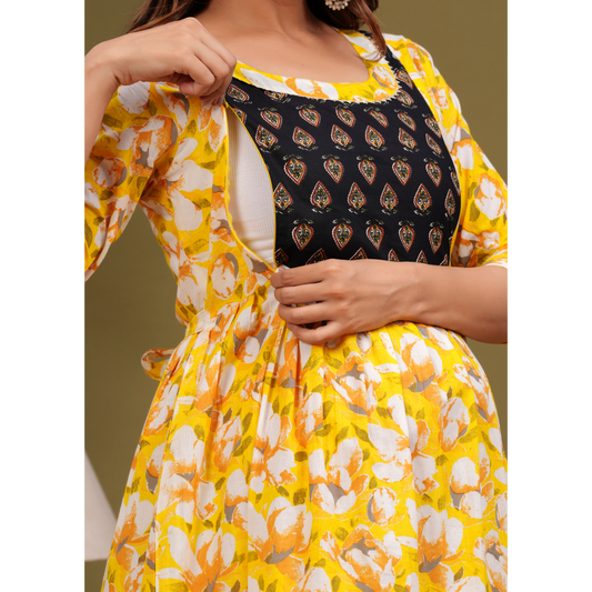 Ashvy Premium Quality Cotton Maternity Cum Feeding kurti (Yellow)