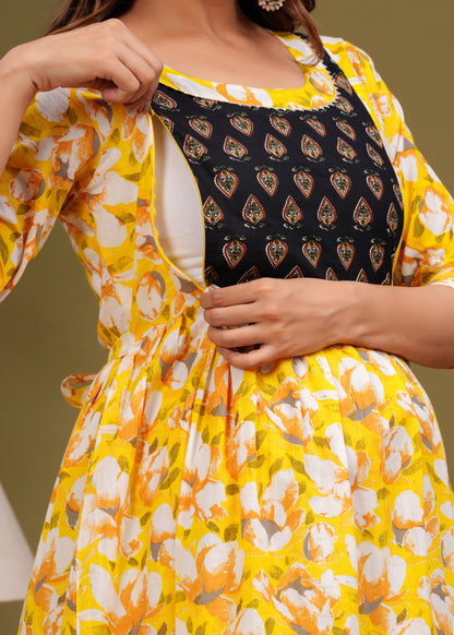 Sunny Blooms: Ashvy Sky Blue Yellow Cotton Flower Print Maternity Dress (Yellow)(LUX001)