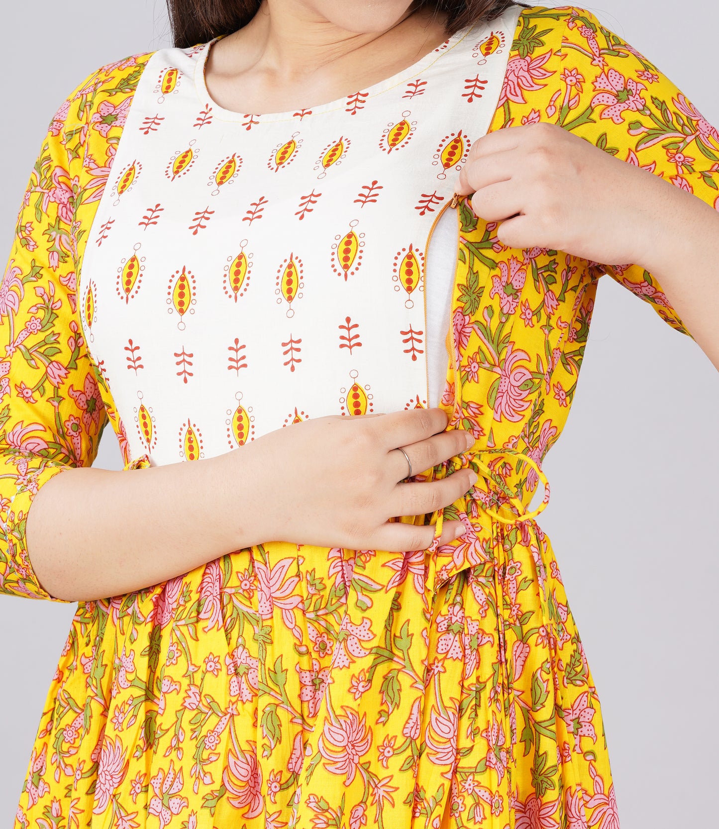 Ashvy Yellow-White Cotton Flower Print Maternity Dress(TUL001)