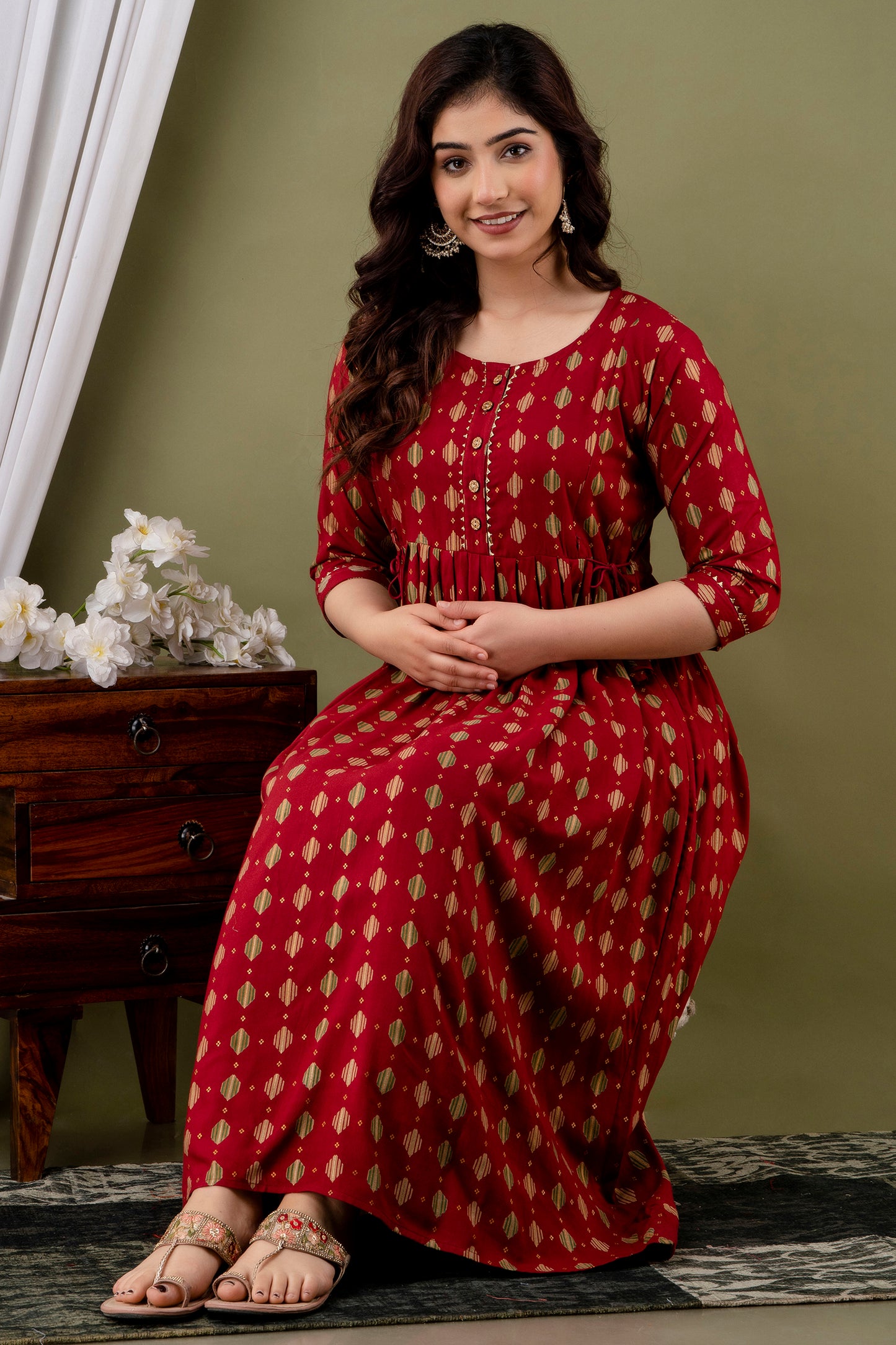 Versatile Comfort: Ashvy Women's Maternity Cum Feeding Gown Kurtis (Red Rayon)(TUL001)