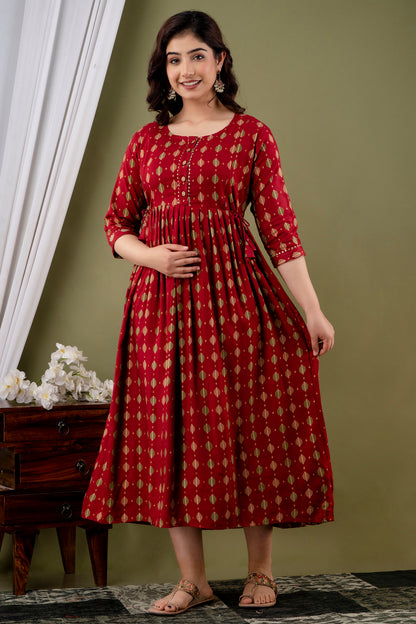 Versatile Comfort: Ashvy Women's Maternity Cum Feeding Gown Kurtis (Red Rayon)(TUL001)