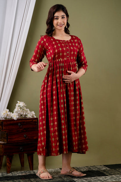 Versatile Comfort: Ashvy Women's Maternity Cum Feeding Gown Kurtis (Red Rayon)(TUL001)