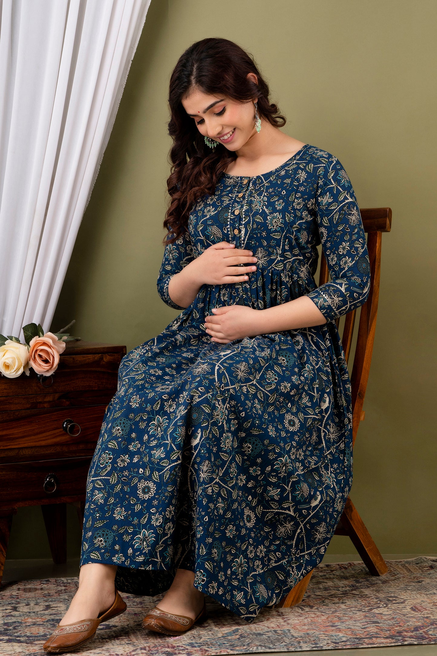 Versatile Comfort: Ashvy Women's Maternity Cum Feeding Gown Kurtis (Blue)(TUL001)