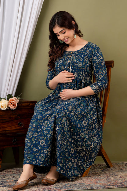 Versatile Comfort: Ashvy Women's Maternity Cum Feeding Gown Kurtis (Blue)(TUL001)