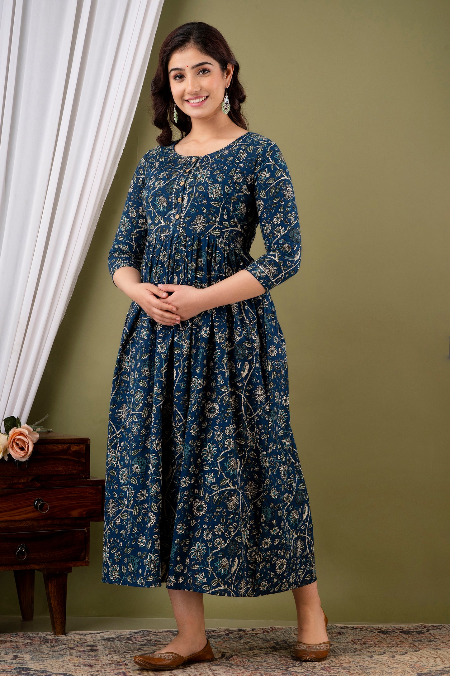 Versatile Comfort: Ashvy Women's Maternity Cum Feeding Gown Kurtis (Blue)(TUL001)