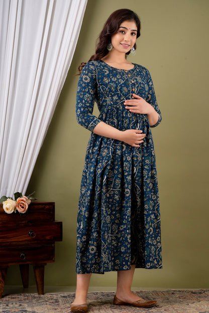 Versatile Comfort: Ashvy Women's Maternity Cum Feeding Gown Kurtis (Blue)(TUL001)