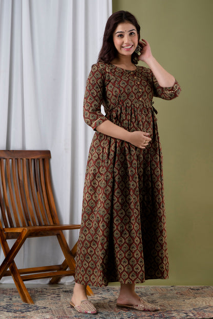 Effortless Style: Ashvy Cotton Feeding Dress For Pre & Post Maternity (Brown)(TUL001)