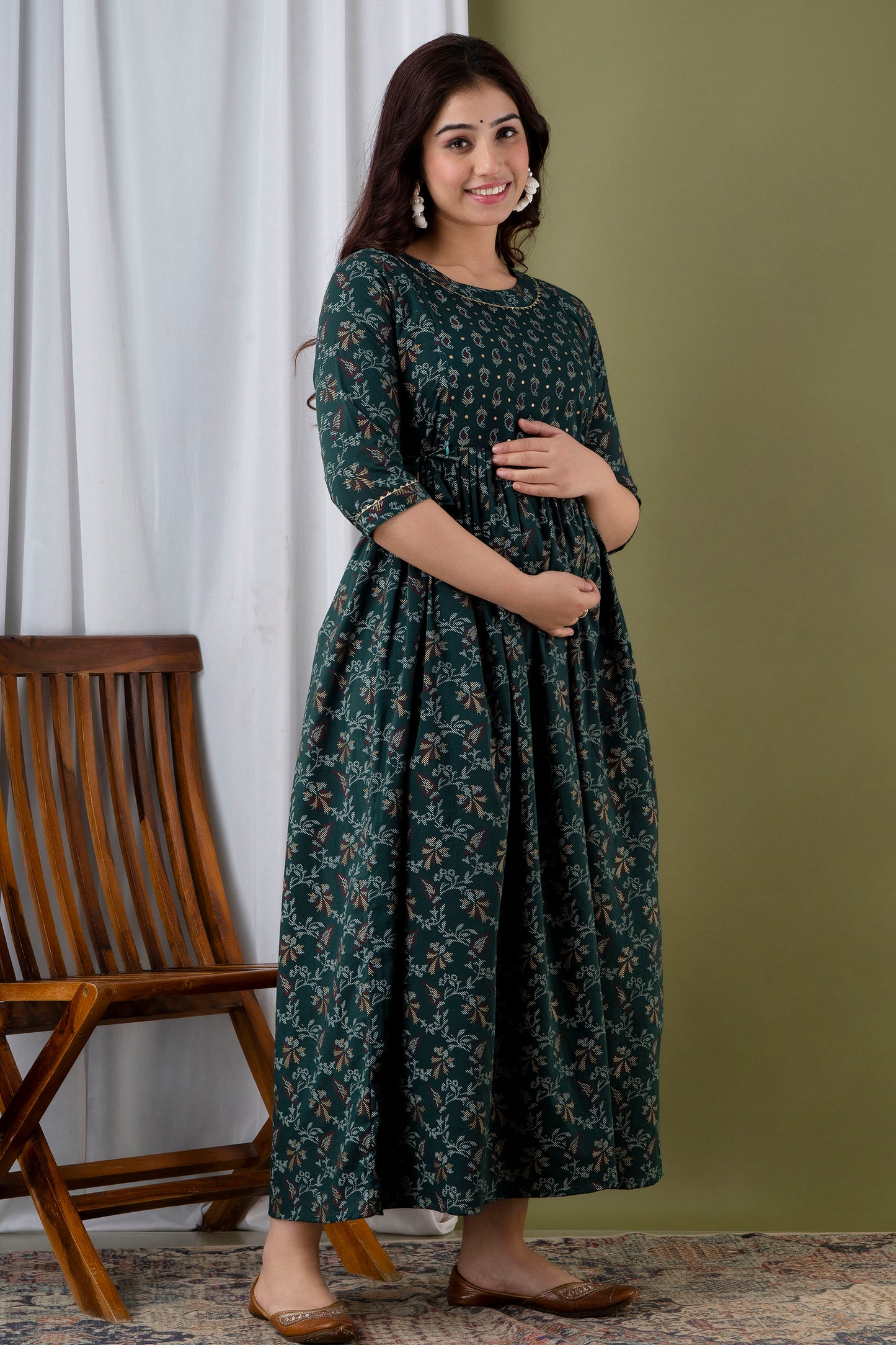 Effortless Style: Ashvy Cotton Feeding Dress For Pre & Post Maternity (Green)(TUL01)