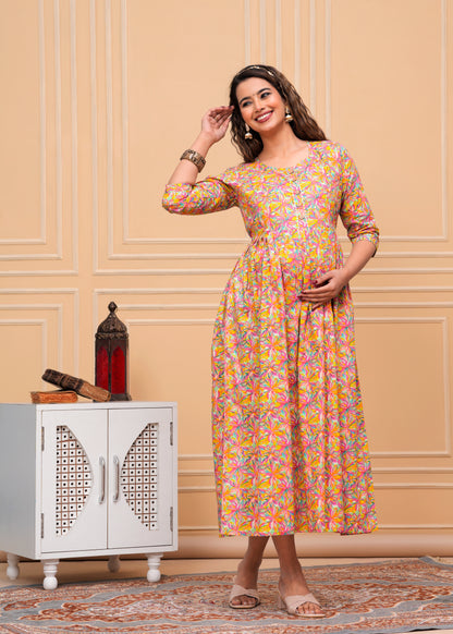 Versatile Comfort: Ashvy Cambric Pure Cotton Maternity Cum Feeding Kurti (Orange)(LUX001)