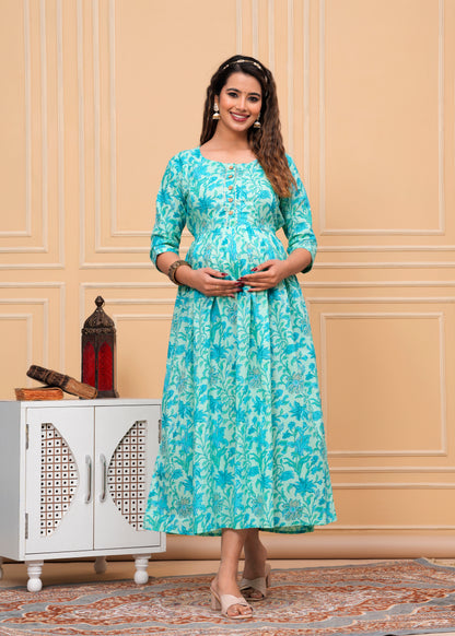 Versatile Comfort: Ashvy Cambric Pure Cotton Maternity Cum Feeding Kurti (Sky Blue)(LUX001)