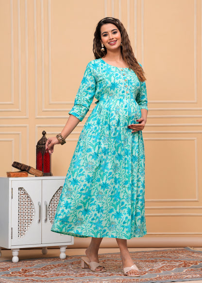 Versatile Comfort: Ashvy Cambric Pure Cotton Maternity Cum Feeding Kurti (Sky Blue)(LUX001)