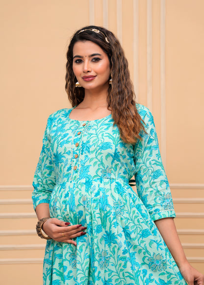 Versatile Comfort: Ashvy Cambric Pure Cotton Maternity Cum Feeding Kurti (Sky Blue)(LUX001)