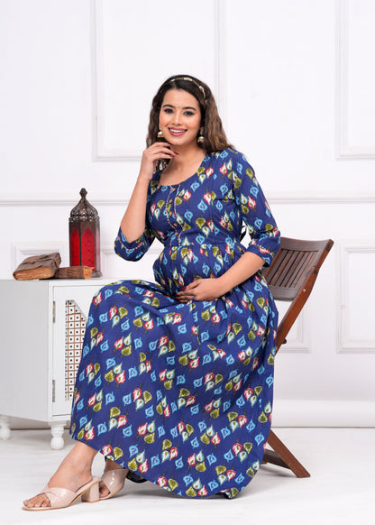 Versatile Comfort: Ashvy Cambric Pure Cotton Maternity Cum Feeding Kurti (Blue)(LUX001)