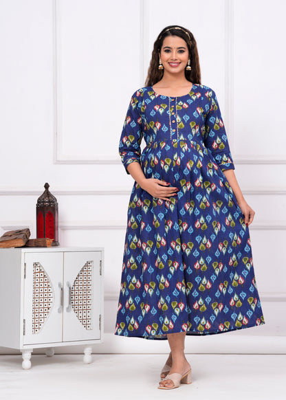 Versatile Comfort: Ashvy Cambric Pure Cotton Maternity Cum Feeding Kurti (Blue)(LUX001)