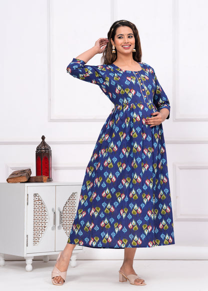 Versatile Comfort: Ashvy Cambric Pure Cotton Maternity Cum Feeding Kurti (Blue)(LUX001)