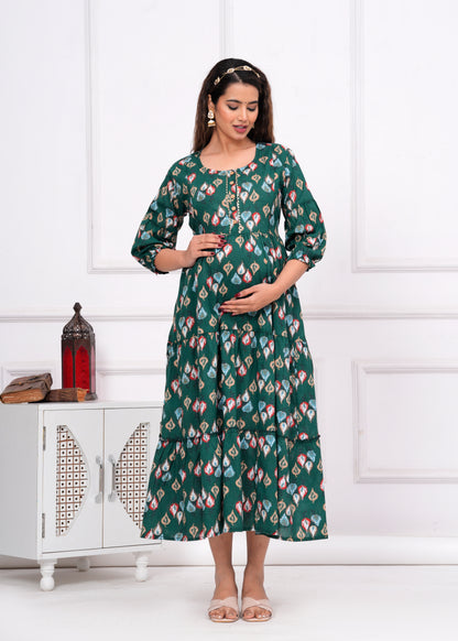 Versatile Comfort: Ashvy Cambric Pure Cotton Maternity Cum Feeding Kurti (Green)(LUX001)