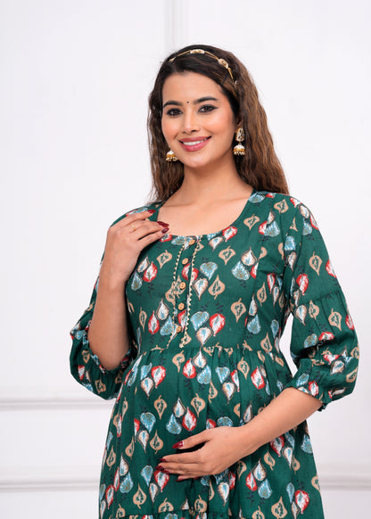 Versatile Comfort: Ashvy Cambric Pure Cotton Maternity Cum Feeding Kurti (Green)(LUX001)