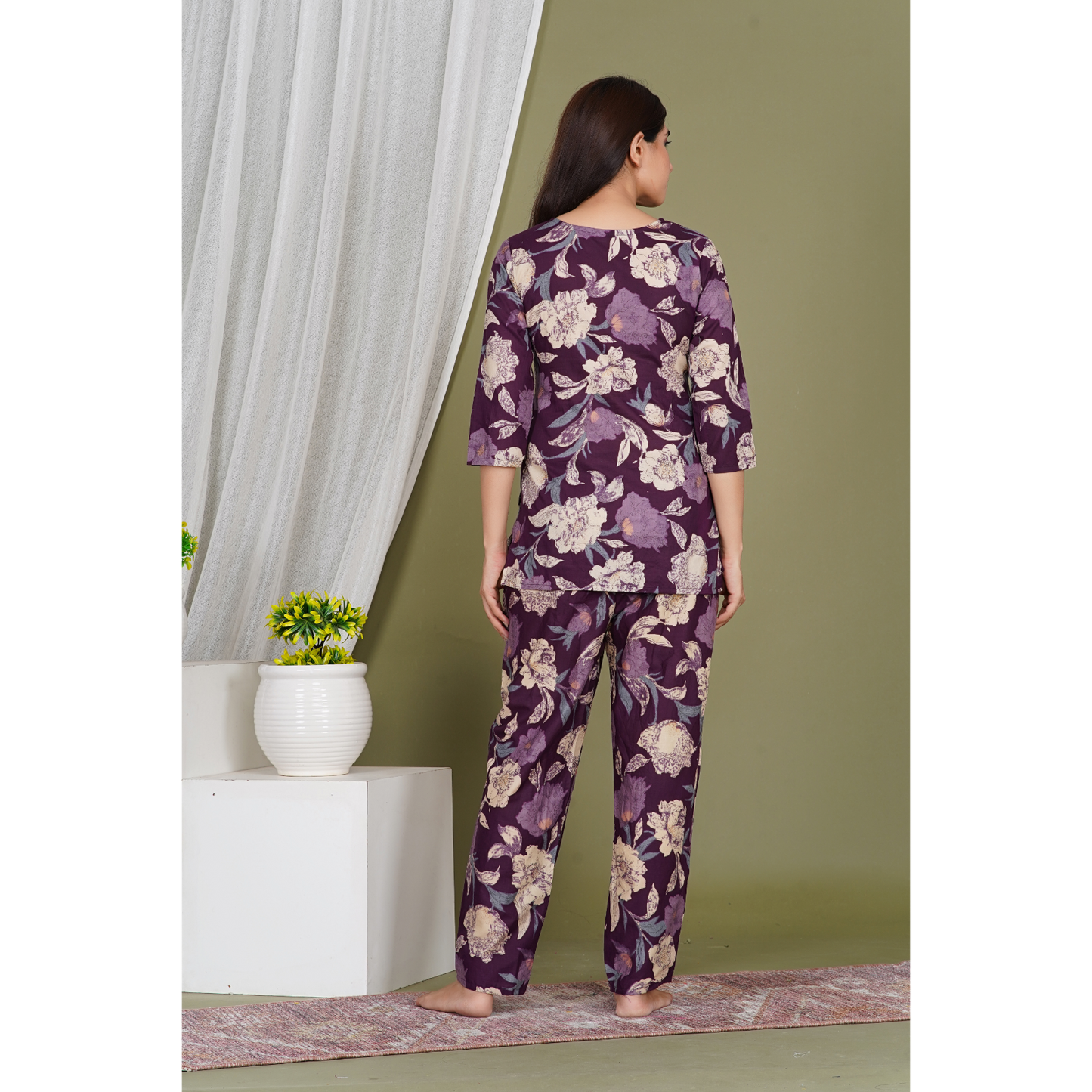 Fabric Cotton 60-60 Long Top with Bottom Co-Ord Set (Purple)