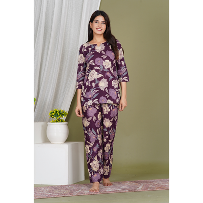 Fabric Cotton 60-60 Long Top with Bottom Co-Ord Set (Purple)