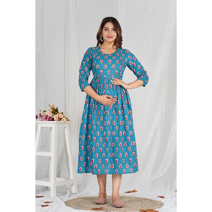 Fabric Pure Cotton 60*60 Cambric Maternity Dress (Blue)