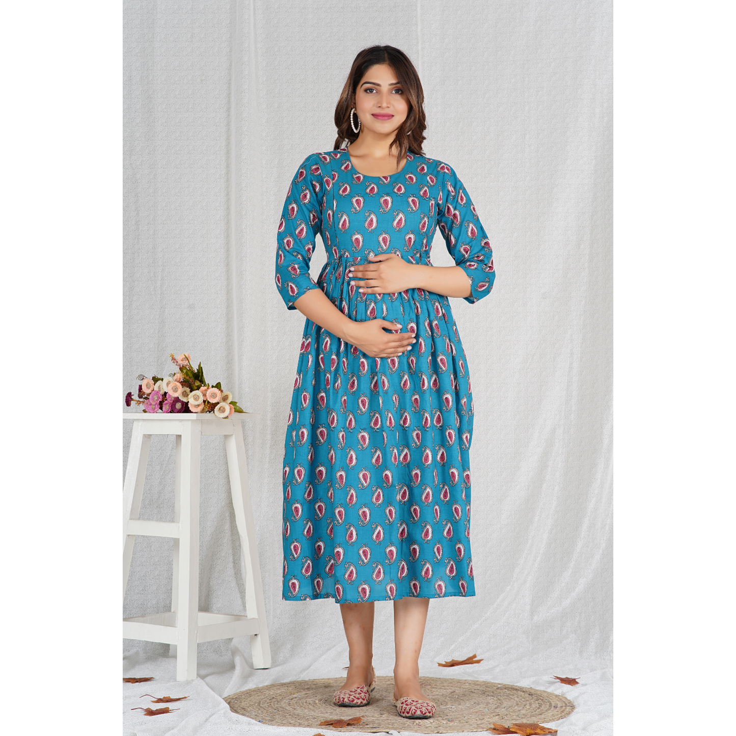 Fabric Pure Cotton 60*60 Cambric Maternity Dress (Blue)