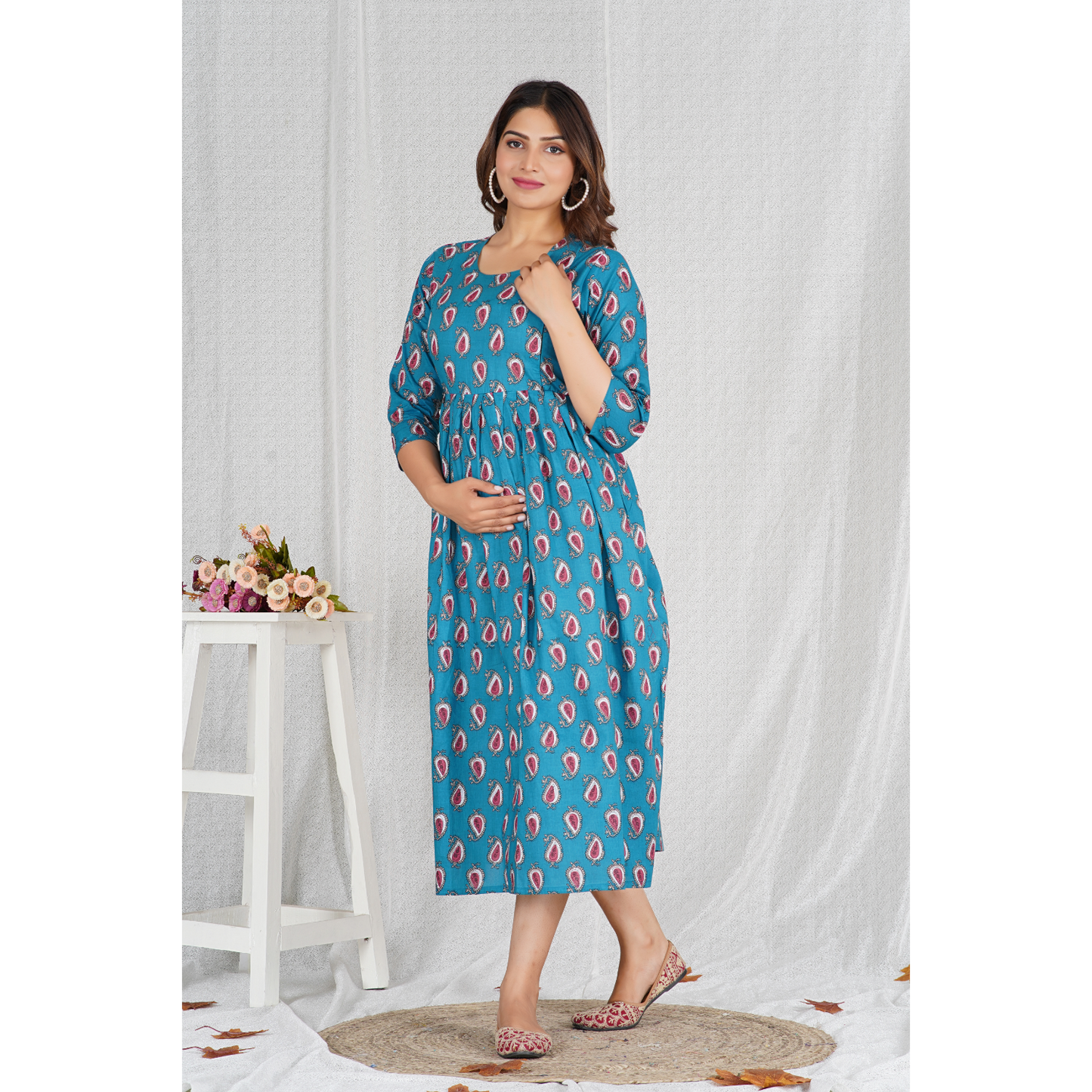 Fabric Pure Cotton 60*60 Cambric Maternity Dress (Blue)