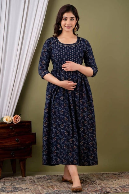 Effortless Style: Ashvy Cotton Feeding Dress For Pre & Post Maternity (Dark Blue)(TUL01)