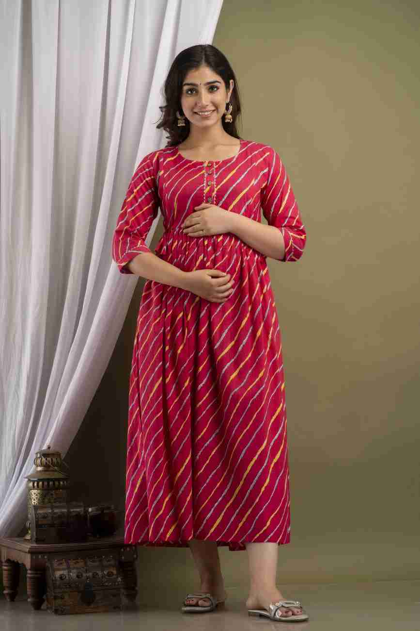 Radiant in Red: Ashvy Lehariya Print Cotton Maternity Feeding Kurti (Red)(LUX001)